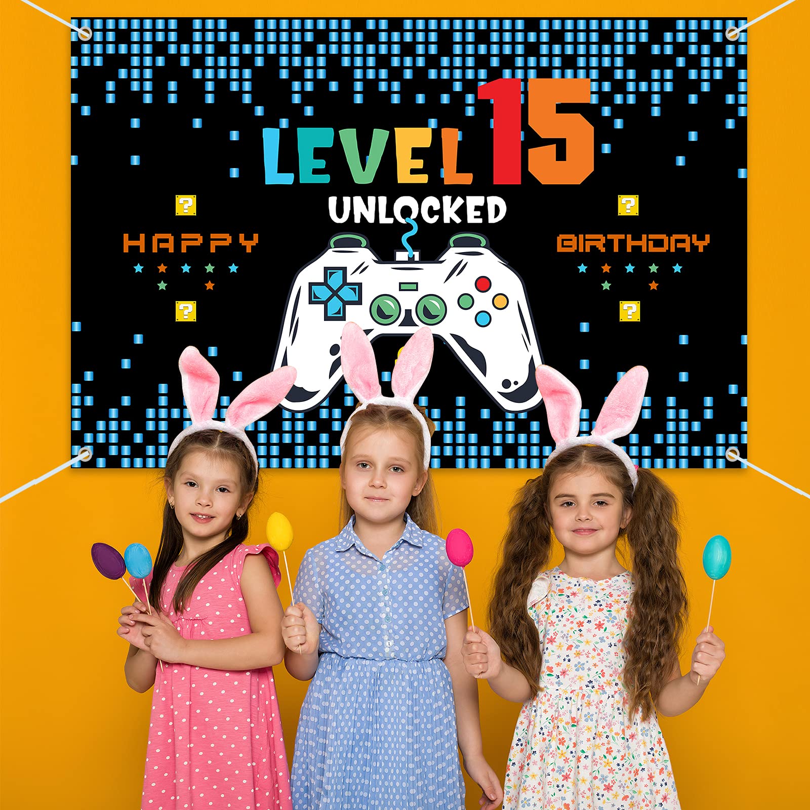 Hamigar 6X4Ft Happy 15Th Birthday Baner Backdrop - Level 15 Unlocked Birthday Decorations Party Supplies For Boys - Blue